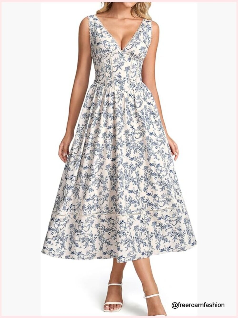 Floral V-Neck Lace Up Corset Midi Dress Flowy A-Line Sleeveless Summer Spring